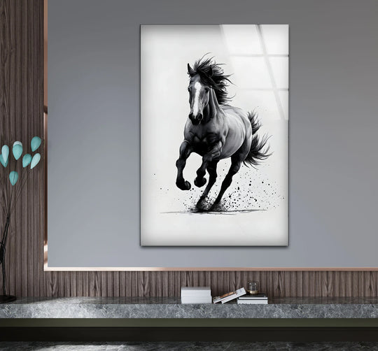 Animal glass wall art black and white running horse design and elegant black and white wall decor plus dynamic galloping elegance