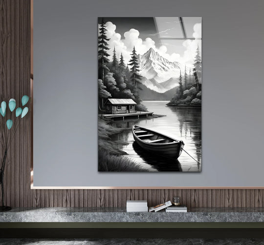 Highlighting the painting's brightest area, this black and white nature landscape glass wall art captures the serene reflection of light, adding elegance to your home decor.
