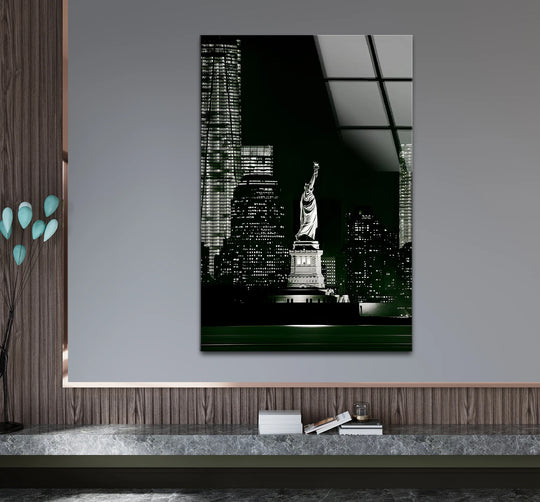 Layered reflections in the Black & White Statue of Liberty glass wall art create depth with wall art prints bringing a dynamic, immersive cityscape to view.