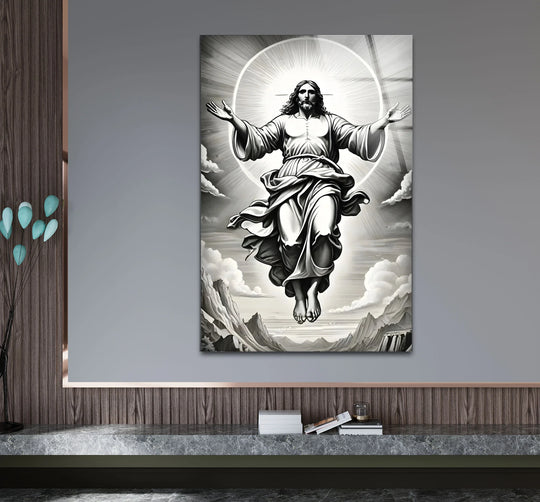 Jesucristo glass wall art black and white design and religious paintings and Jesucristo ascension art for lasting elegance
