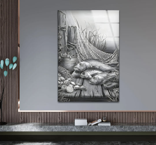 Striking black and white artwork of koi fish swimming in a serene, abstract design.