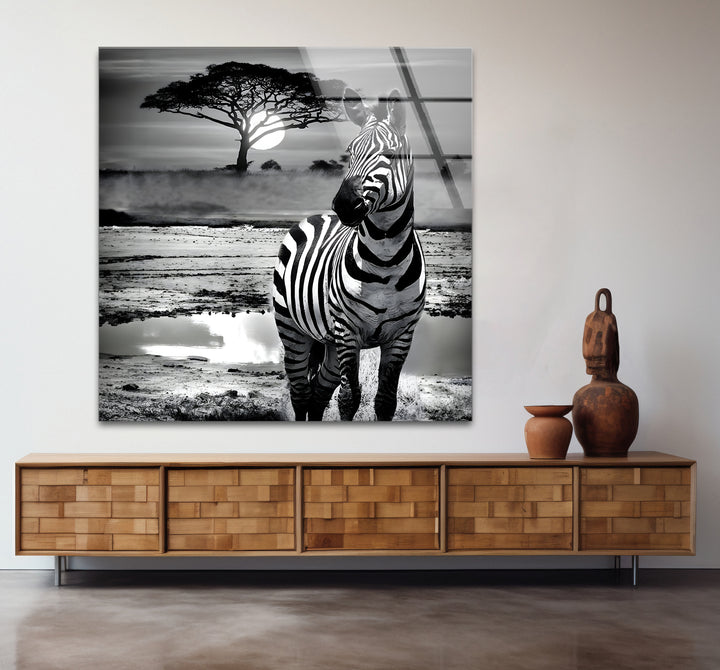 Modern black and white artwork highlighting the natural beauty of zebras with bold contrasts
