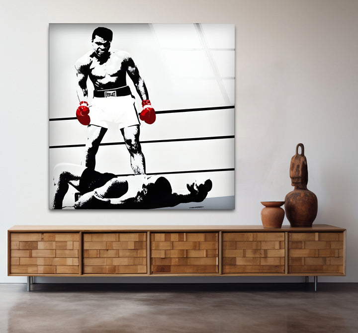 Stylish black and white abstract art featuring Muhammad Ali as a symbol of strength and determination.