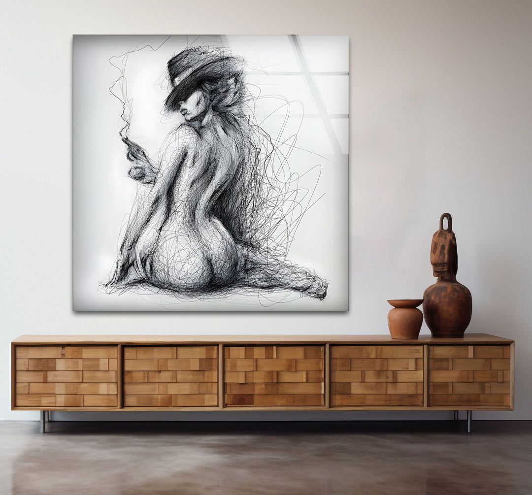 Bold sexy art featuring erotic nude drawings in modern glass decor
