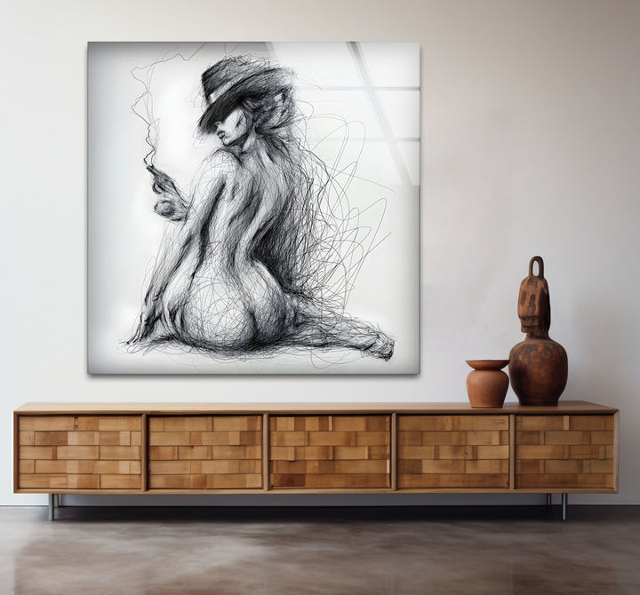 Bold sexy art featuring erotic nude drawings in modern glass decor
