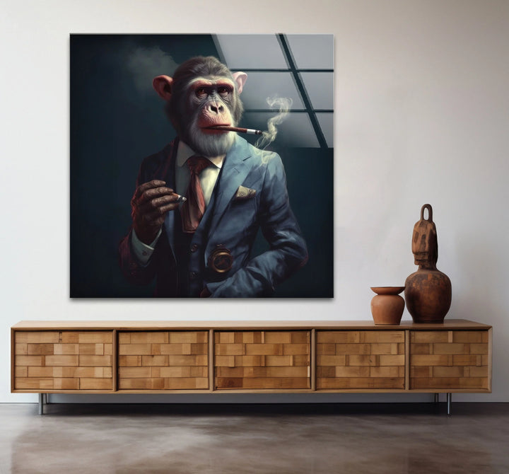 Smoking Monkey Wall Art – Funny Dressed-Up Chimp in Suit Glass Print for Bold Modern Decor - MyPhotoStation