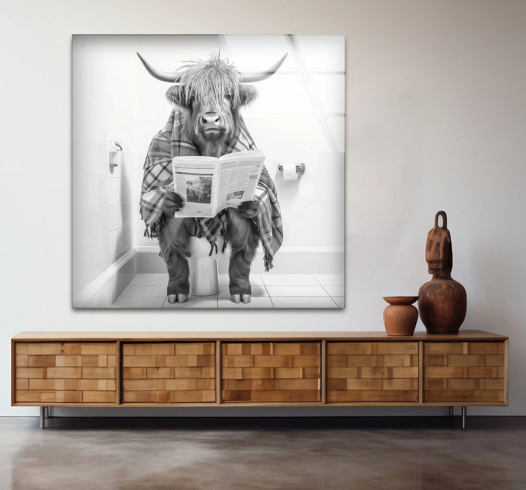 Plaid Highland Cow Bathroom Wall Art – Funny Black and White Glass Print for Rustic Decor - MyPhotoStation