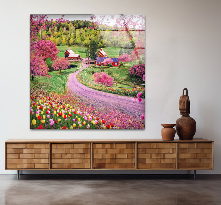 Frühlingswiese Glaswandkunst – Lebendige Blumen &amp; Landstraße