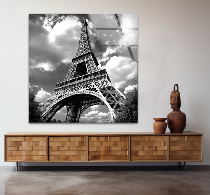 Modern black and white artwork highlighting the elegance of the Eiffel Tower’s intricate structure
