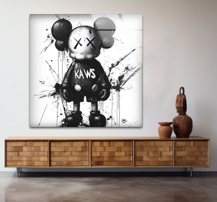 Modern black and white wall decor highlighting the creative fusion of Mickey Mouse and Kaws.