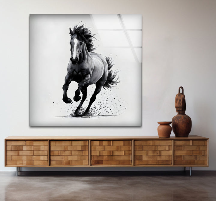 Sophisticated black and white framed art with a detailed abstract drawing of a horse in motion.