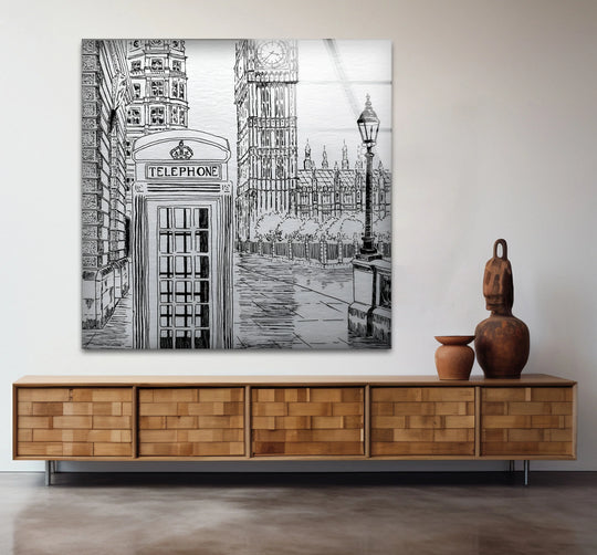 The black and white London drawing glass wall art shows a phone booth, Big Ben, and a street lamp, offering unique home decoration.