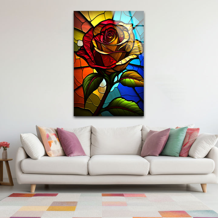Rote Rose Buntglas-Wandkunst – Farbenfrohes florales Glasdruck-Design
