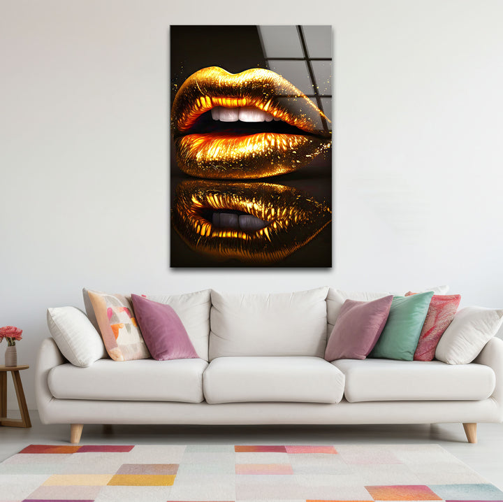 Goldene Lippen Wandkunst – Glamouröses funkelndes Mund-Glasdruck-Design