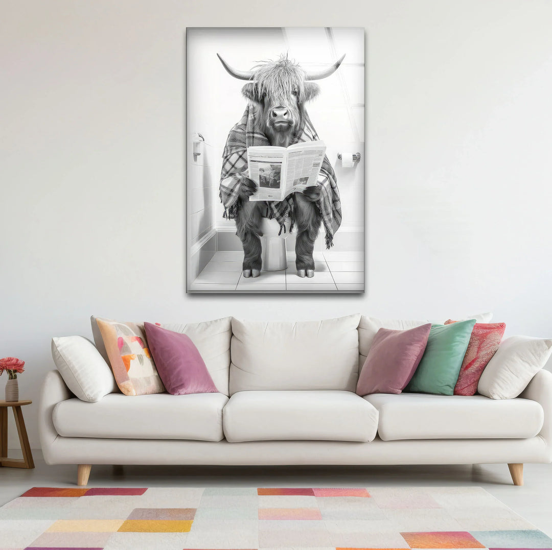 Plaid Highland Cow Bathroom Wall Art – Funny Black and White Glass Print for Rustic Decor - MyPhotoStation