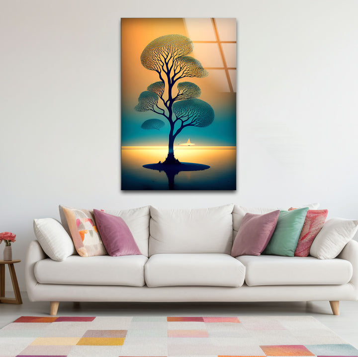 Serene Tree of Life Wall Art – Sailboat Sunset Glass Print Design