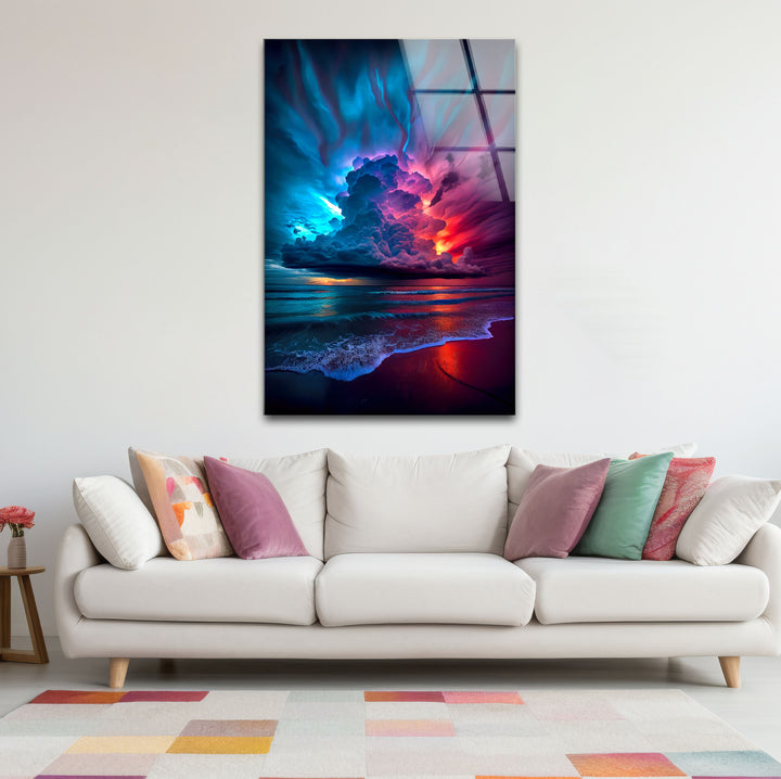 Wandkunst mit stürmischem Strandsonnenuntergang – Lebendiges Himmel- und Ozean-Glasdruckdesign