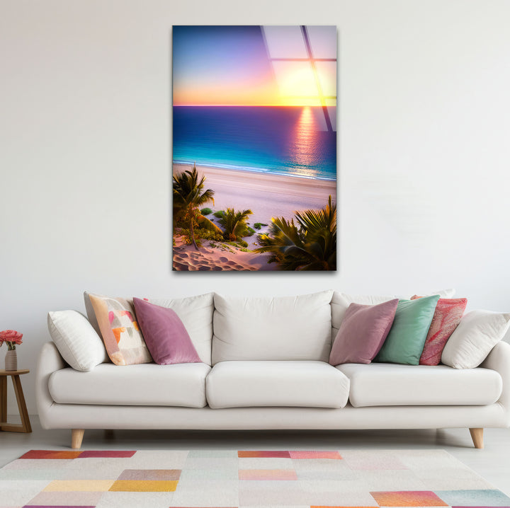 Tropischer Strand Sonnenuntergang Wandkunst – Lebendiger Ozeanhorizont Glasdruck