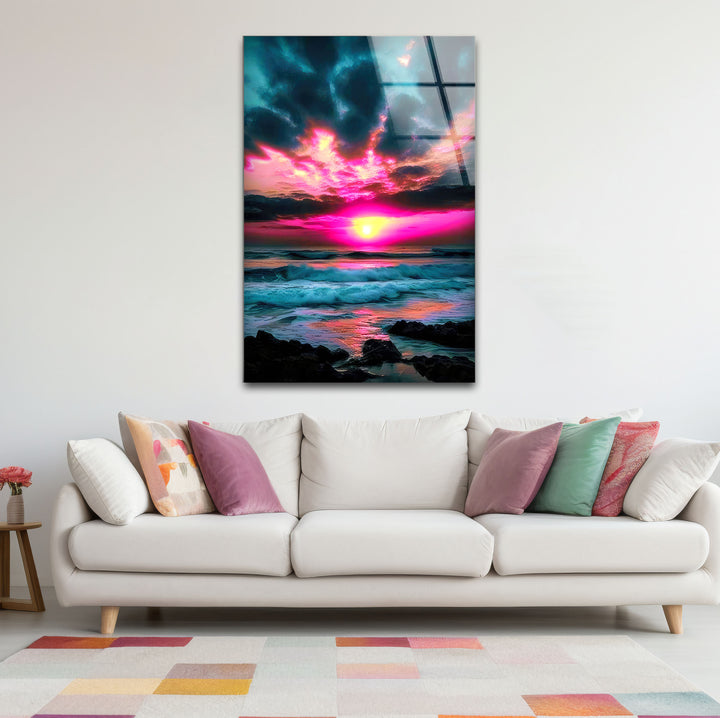 Lebendige Sonnenuntergang Ozean Wandkunst – Rosa Himmel &amp; Wellen Glasdruck-Design