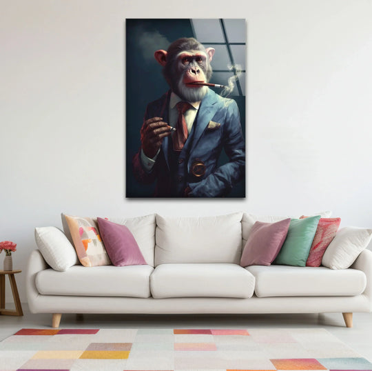 Smoking Monkey Wall Art – Funny Dressed-Up Chimp in Suit Glass Print for Bold Modern Decor - MyPhotoStation