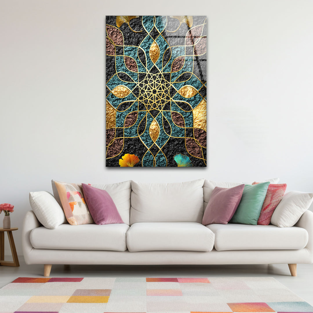 Goldene Mandala-Wandkunst – Geometrisches blaugrünes und schwarzes Muster-Glasdruckdesign