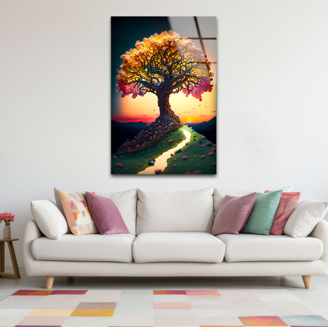 Verträumte Wandkunst mit Lebensbaum – Sonnenuntergangspfad, Fantasy-Glasdruck-Design