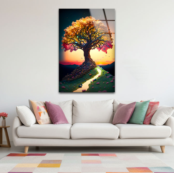 Verträumte Wandkunst mit Lebensbaum – Sonnenuntergangspfad, Fantasy-Glasdruck-Design