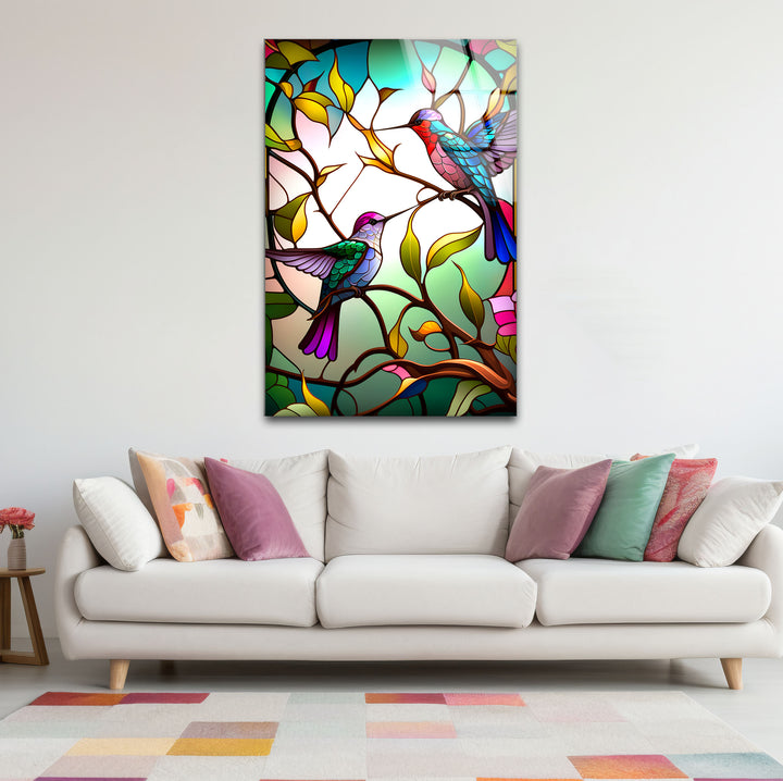 Hummingbirds Stained Glass Wall Art – Colorful Bird & Branch Glass Print