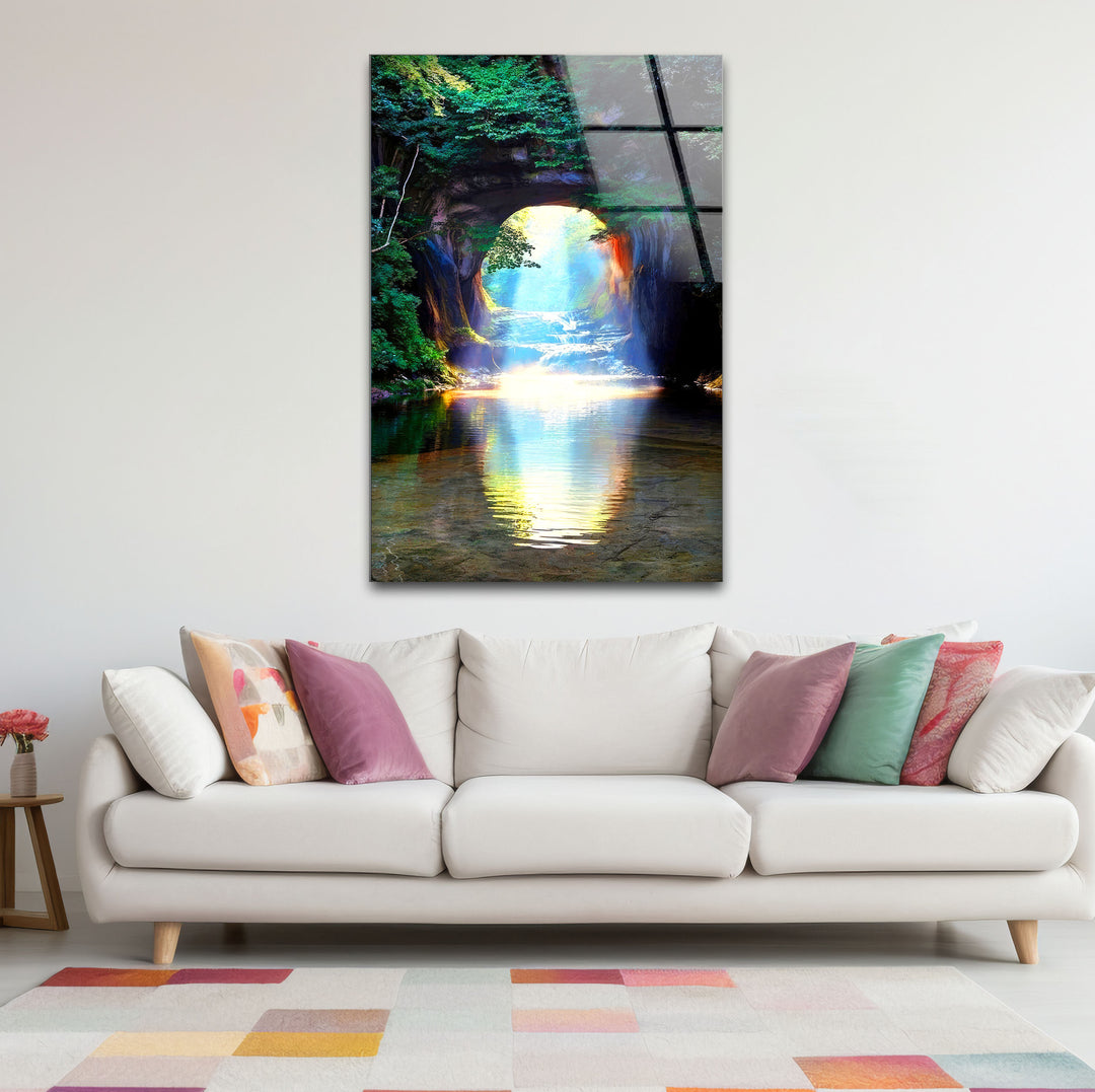 Waldlichttunnel-Wandkunst – Sonnenstrahlreflexions-Glasdruckdesign
