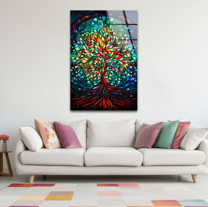 Baum des Lebens Buntglas-Wandkunst – Farbenfrohes vertikales Glasdruckdesign