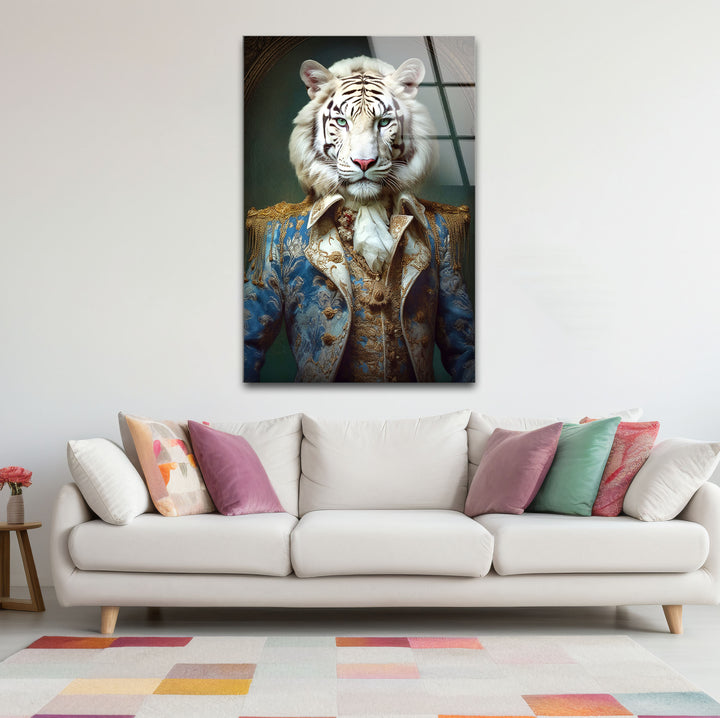 Königliches weißes Tigerporträt als Wandkunst – Kunstwerk im königlichen Tierkostüm