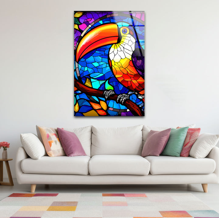 Tukan-Wandkunst aus Buntglas – Lebendiges Glasdruckdesign mit tropischem Vogel
