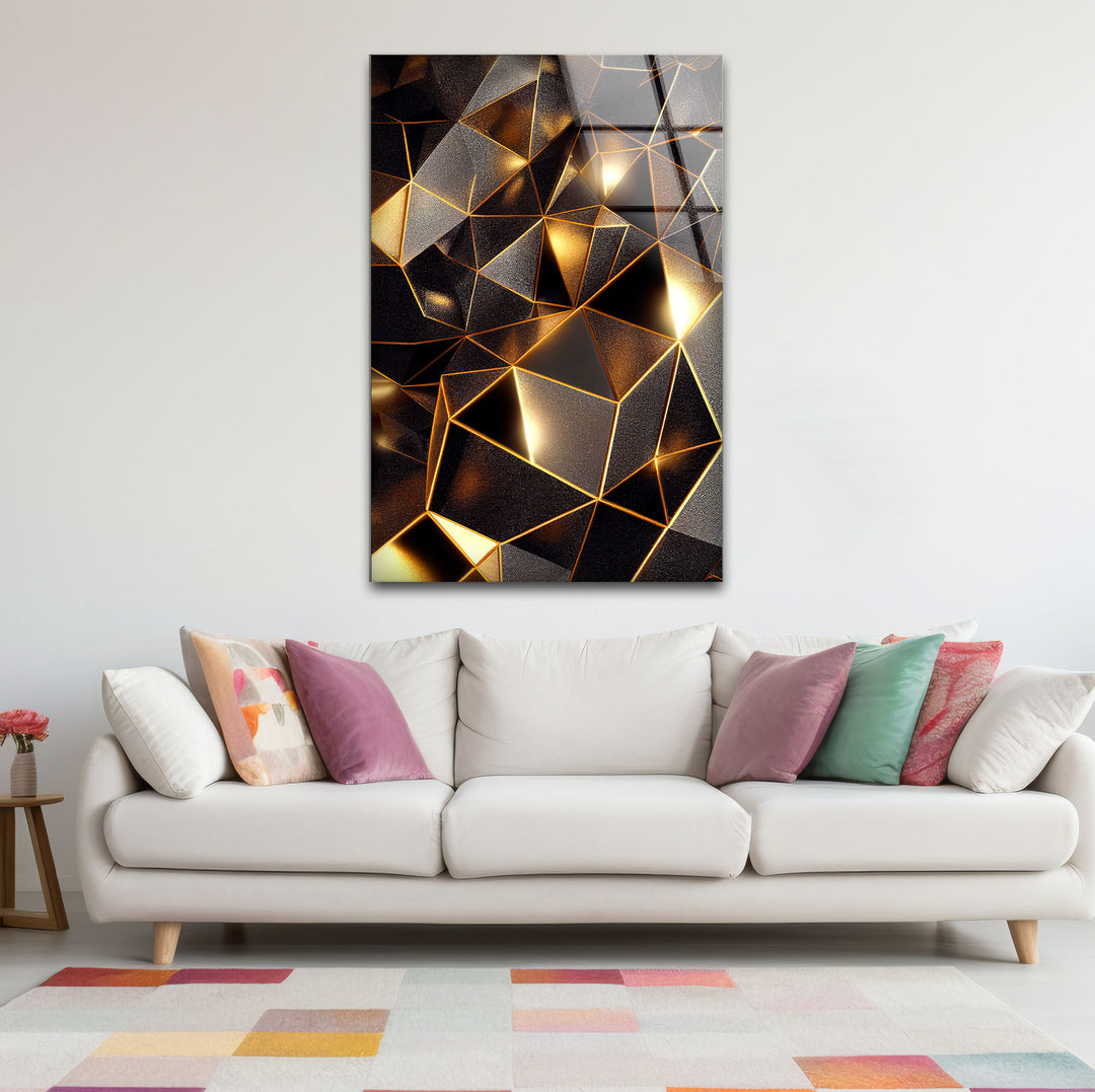 Geometrische Goldprisma-Wandkunst – Luxuriöser abstrakter 3D-Glasdruck
