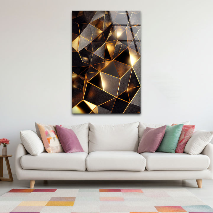 Geometrische Goldprisma-Wandkunst – Luxuriöser abstrakter 3D-Glasdruck