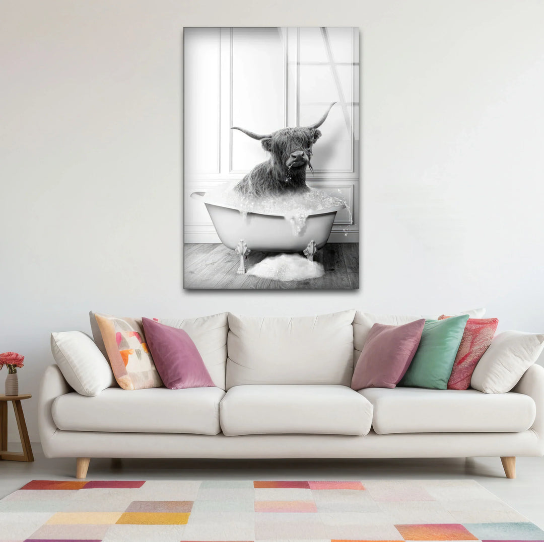 Highland Cow Bubble Bath Wall Art – Funny Black and White Glass Print for Bathroom Decor - MyPhotoStation