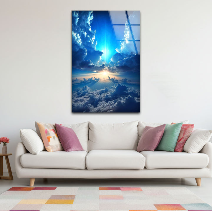 Himmlischer Himmel Wandkunst – Strahlende Wolken und Lichtstrahl Glasdruck