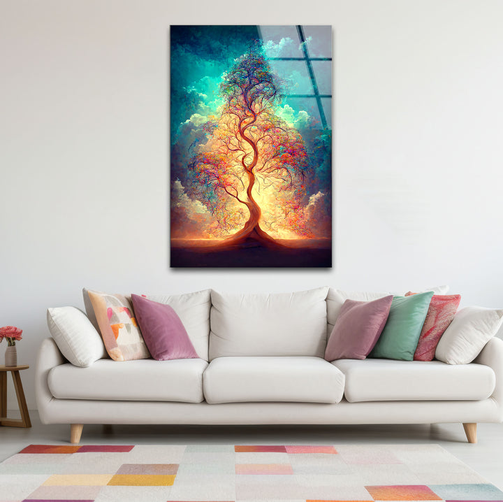 Strahlender Lebensbaum Wandkunst – Ätherisches Licht Fantasy Glasdruck