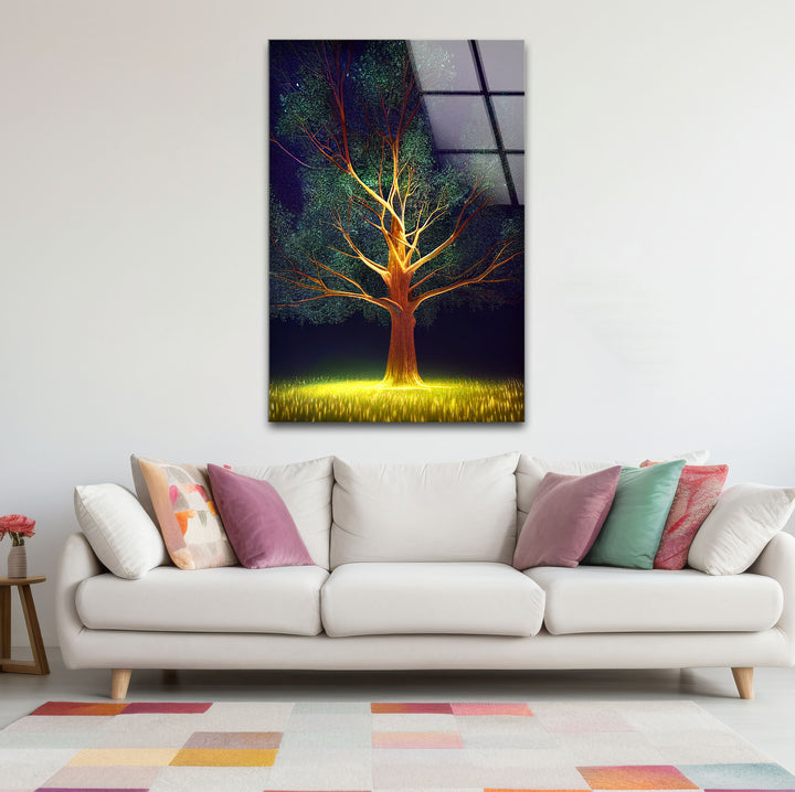 Leuchtende Baum-Wandkunst – Beleuchtetes Nachtwald-Glasdruckdesign