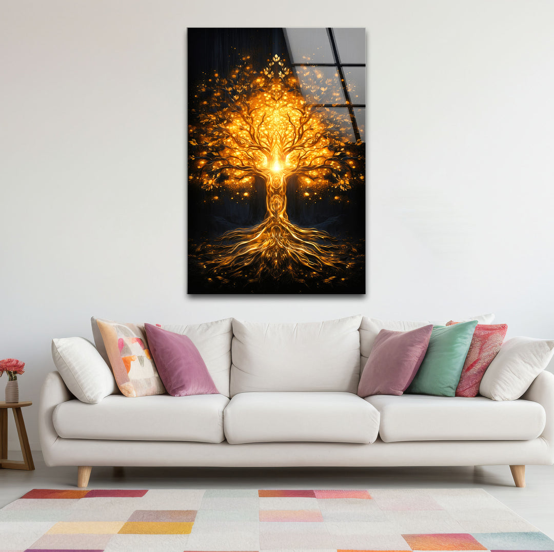 Goldene Fantasiebaum-Wandkunst – Beleuchtetes abstraktes Glasdruckdesign