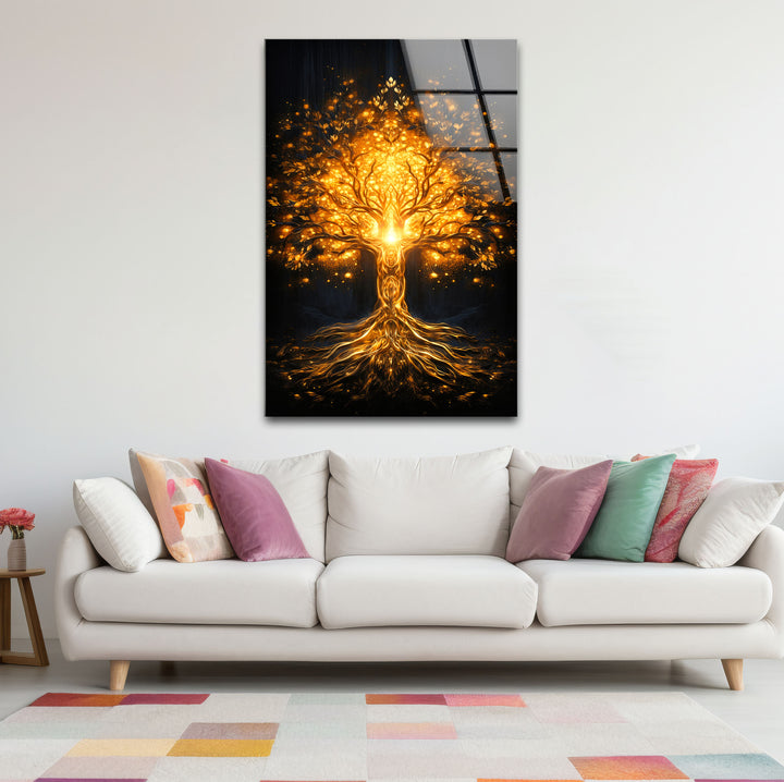 Goldene Fantasiebaum-Wandkunst – Beleuchtetes abstraktes Glasdruckdesign
