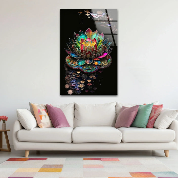 Radiant Lotus Flower Wall Art – Colorful Mandala Glass Print for Spiritual and Zen Decor - MyPhotoStation