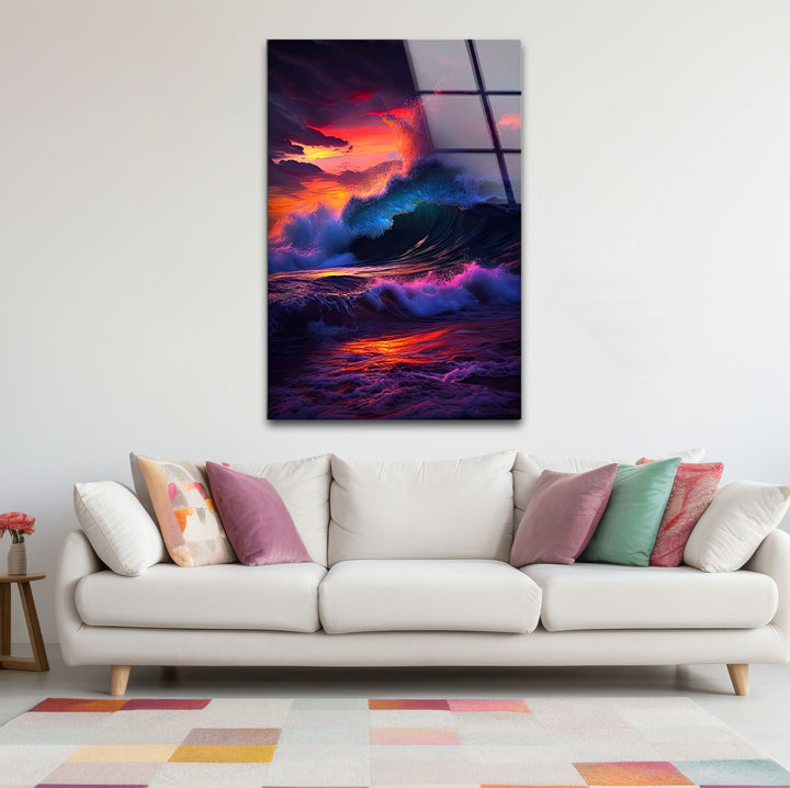 Wandkunst mit krachenden Wellen bei Sonnenuntergang – Dramatisches Ozean-Glasdruck-Design