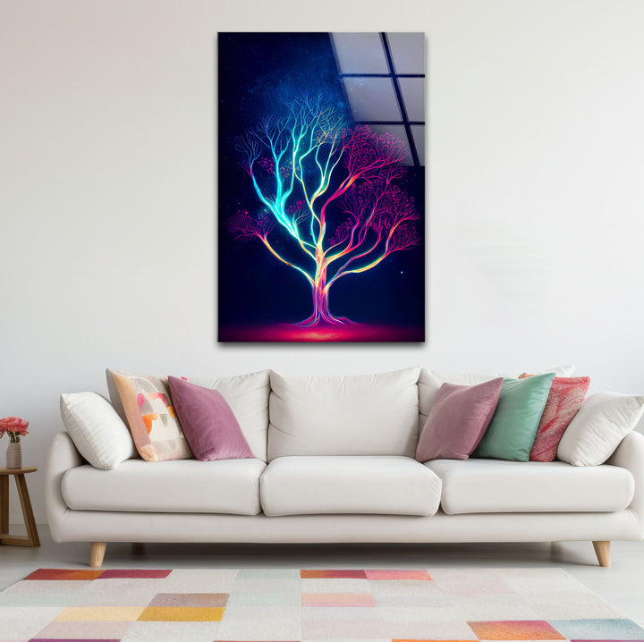 Neonbaum-Wandkunst – Kosmisches Nachtbaum-Glasdruckdesign