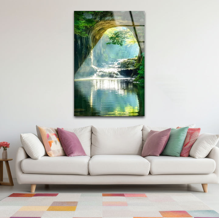 Wald-Wasserfall-Bogen-Wandkunst – Ruhige Naturszene Glasdruck