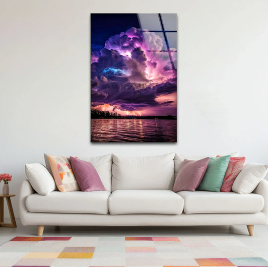 Lightning Storm Wall Art – Purple Thundercloud Over Lake Glass Print - MyPhotoStation