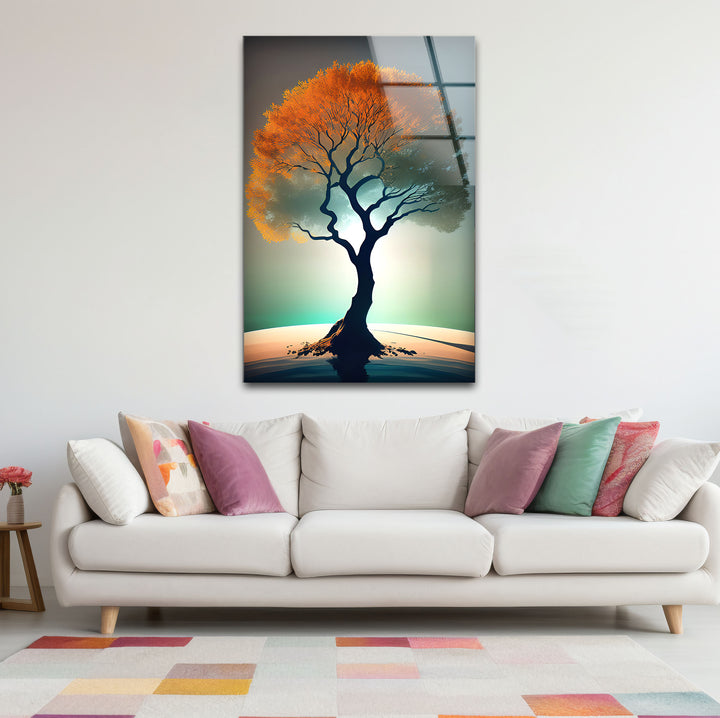 Minimalistische Wandkunst mit Lebensbaum – Orangefarbenes Kronenglas-Druckdesign