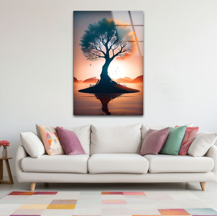 Sonnenuntergang Baum des Lebens Wandkunst – Silhouette Insel Glasdruck Dekor