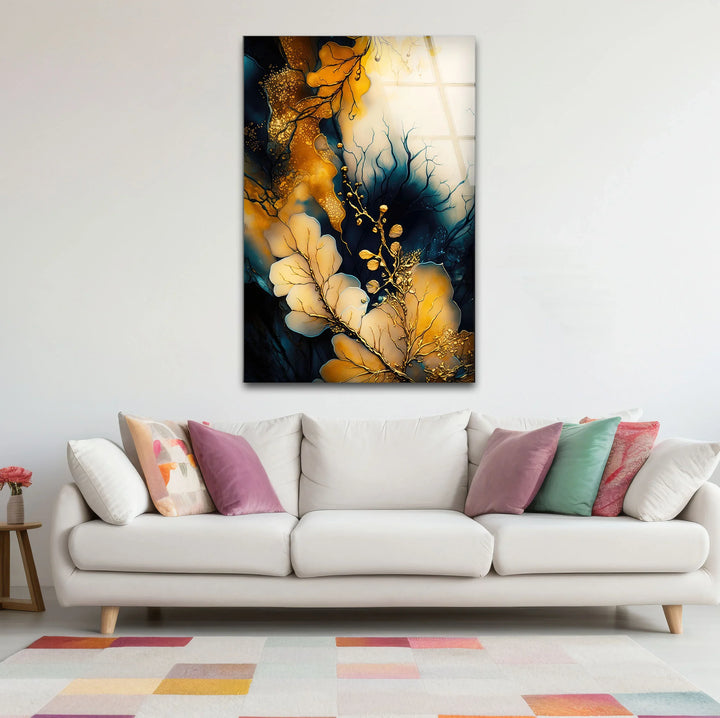 Golden Botanical Abstract Wall Art – Elegant Navy and Gold Glass Print for Luxe Interiors - MyPhotoStation