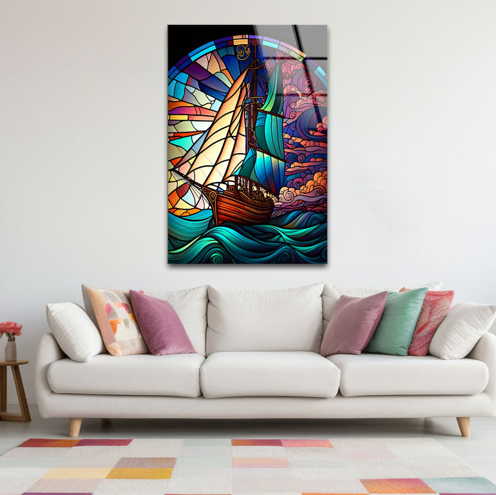 Segelschiff Buntglas Wandkunst – Maritimer Ozeanwellen-Glasdruck