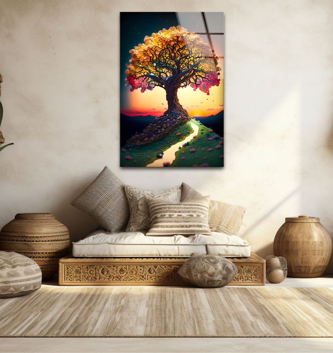Verträumte Wandkunst mit Lebensbaum – Sonnenuntergangspfad, Fantasy-Glasdruck-Design